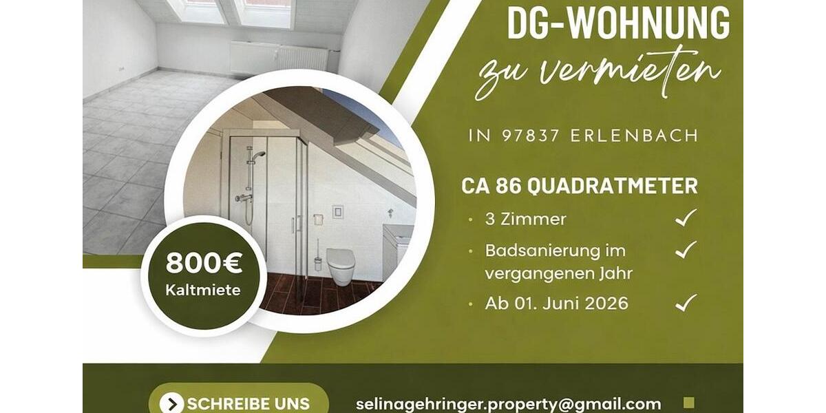 Dachgeschoßwohnung Erlenbach bei Marktheidenfeld - 3 Zimmer, 86 m&sup2;, 800&euro; | Angebot:25321405
