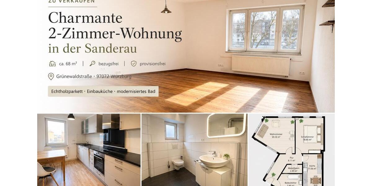 Etagenwohnung Würzburg Sanderau - 2 Zimmer, 68 m&sup2;, 297.500&euro; | Angebot:26324208