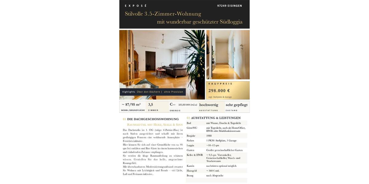 Dachgeschoßwohnung Eisingen - 3.5 Zimmer, 87 m&sup2;, 298.000&euro; | Angebot:26022242
